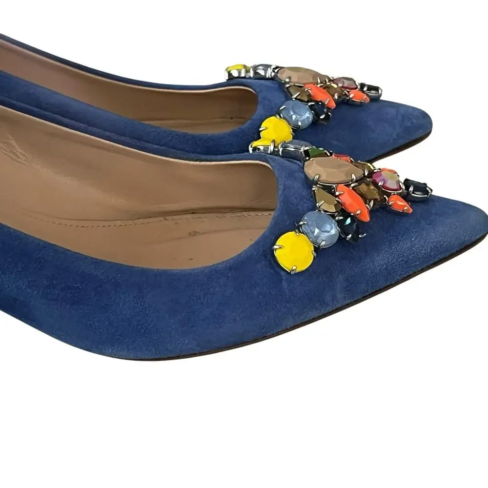 J Crew COLLECTION Dulci Suede Kitten Heels Women’s Size 7.5 Jeweled Blue Italy